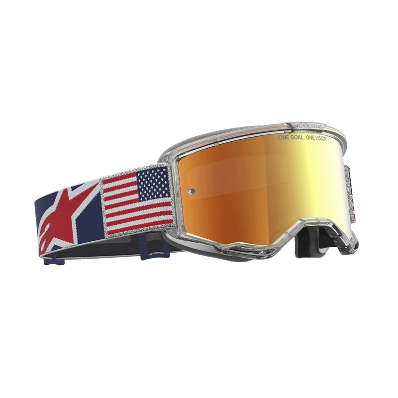 Gafas de motocross Alpinestars Vision 5 Fiftyfold en azul, rojo y blanco con lente roja espejada.