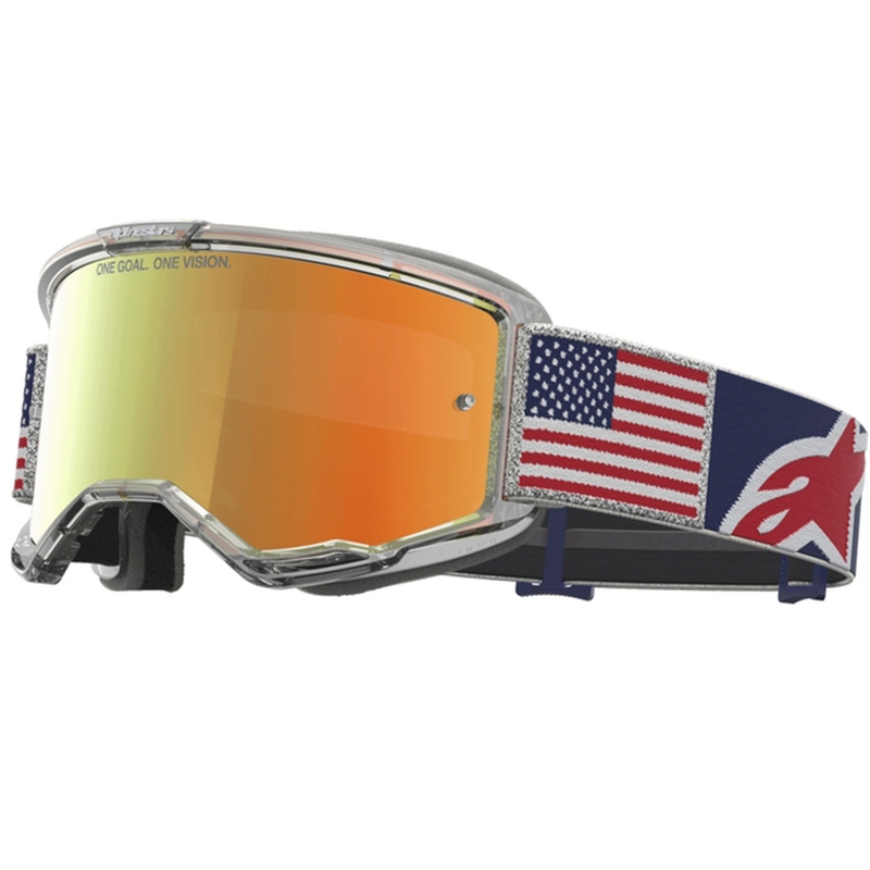 Gafas de motocross Alpinestars Vision 5 Fiftyfold en azul, rojo y blanco con lente roja espejada.