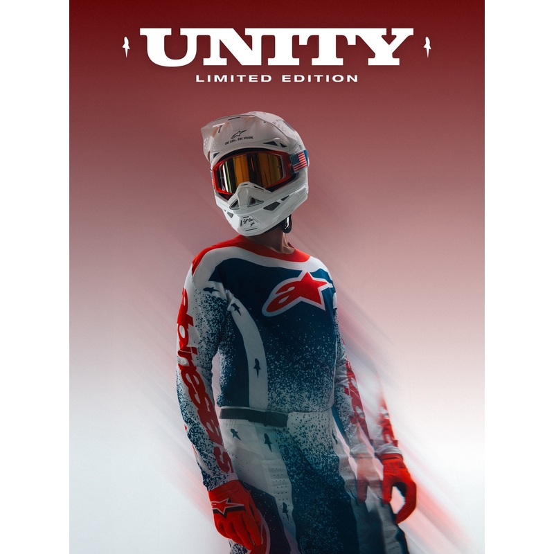 Camiseta de motocross Alpinestars Techstar edición limitada Unity en rojo, blanco y azul.