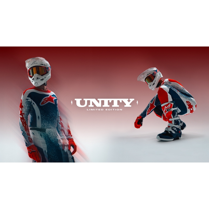 Camiseta de motocross Alpinestars Techstar edición limitada Unity en rojo, blanco y azul.