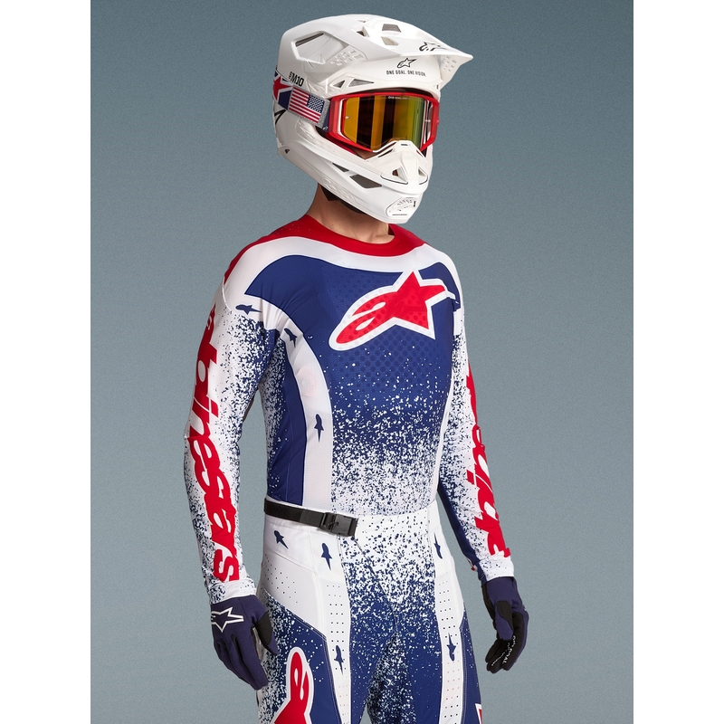 Camiseta de motocross Alpinestars Techstar edición limitada Unity en rojo, blanco y azul.