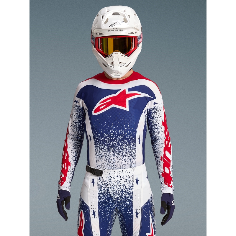 Camiseta de motocross Alpinestars Techstar edición limitada Unity en rojo, blanco y azul.