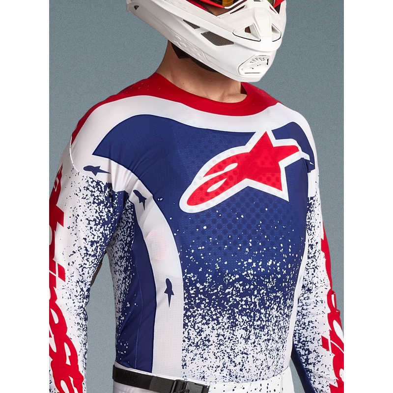 Camiseta de motocross Alpinestars Techstar edición limitada Unity en rojo, blanco y azul.