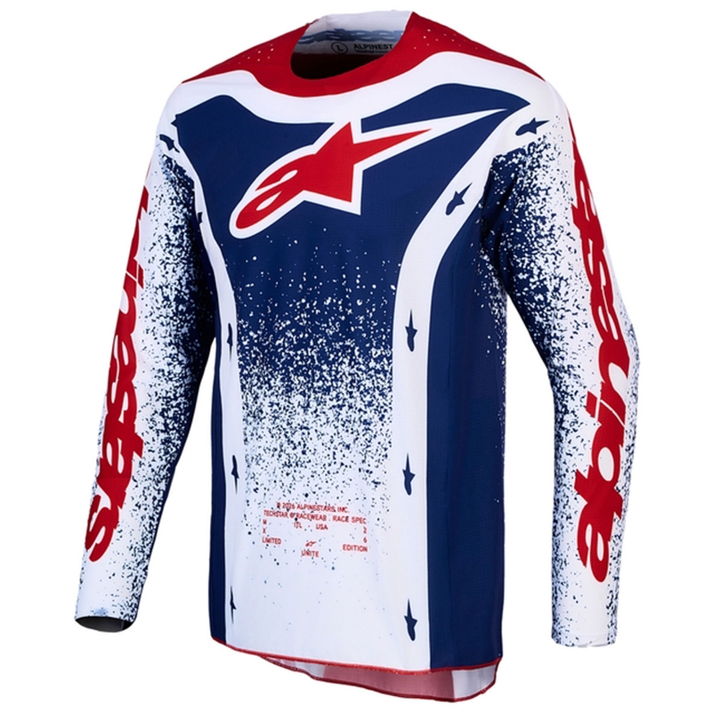 Camiseta de motocross Alpinestars Techstar edición limitada Unity en rojo, blanco y azul.