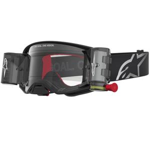 Gafas de motocross Alpinestars Supertech ROLL-OFF negras y plateadas con plexiglás transparente.