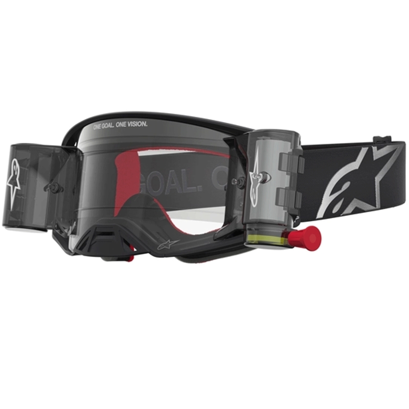 Gafas de motocross Alpinestars Supertech ROLL-OFF negras y plateadas con plexiglás transparente.