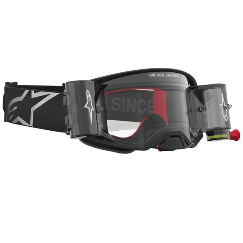 Gafas de motocross Alpinestars Supertech ROLL-OFF negras y plateadas con plexiglás transparente.