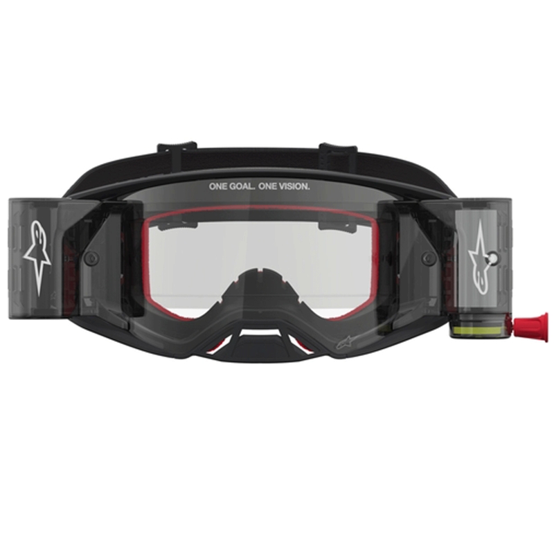 Gafas de motocross Alpinestars Supertech ROLL-OFF negras y plateadas con plexiglás transparente.