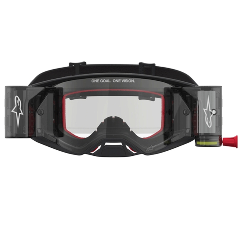 Gafas de motocross Alpinestars Supertech ROLL-OFF negras y plateadas con plexiglás transparente.