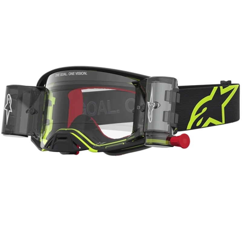 Gafas de motocross Alpinestars Supertech Firma, color negro-amarillo flúor con plexiglás transparente.