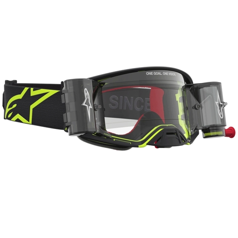 Gafas de motocross Alpinestars Supertech Firma, color negro-amarillo flúor con plexiglás transparente.
