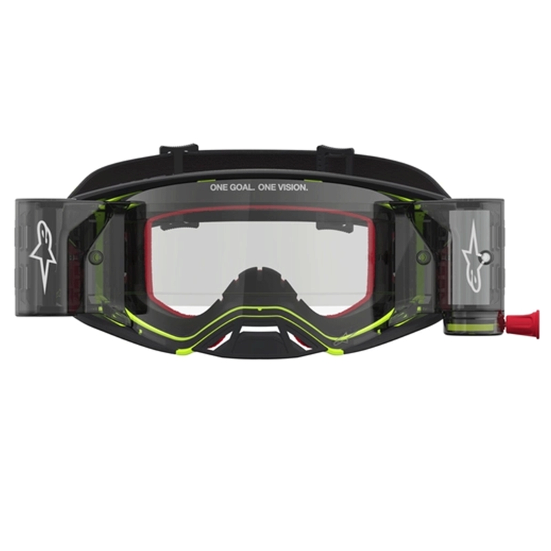 Gafas de motocross Alpinestars Supertech Firma, color negro-amarillo flúor con plexiglás transparente.