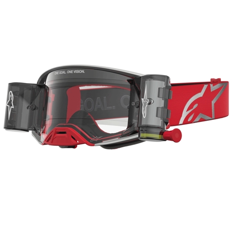 Gafas de motocross Alpinestars Supertech Firma rojas y plateadas con plexiglás transparente.