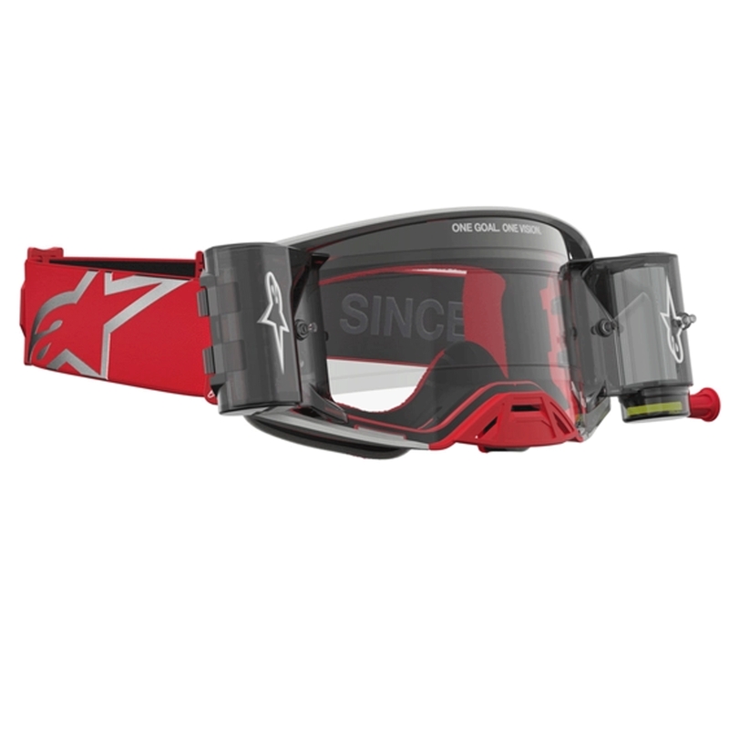 Gafas de motocross Alpinestars Supertech Firma rojas y plateadas con plexiglás transparente.