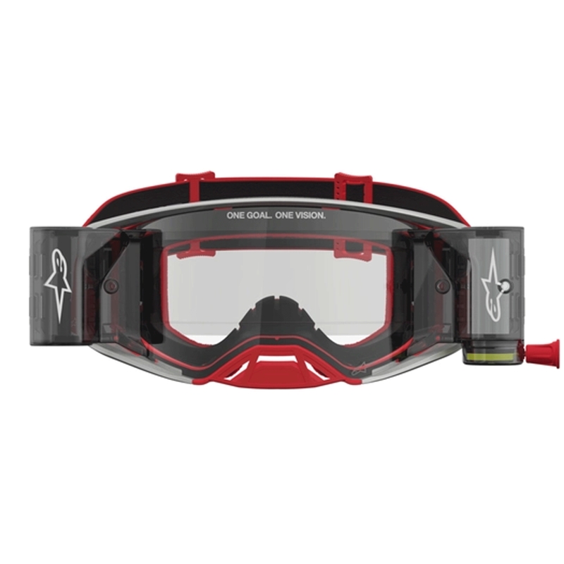 Gafas de motocross Alpinestars Supertech Firma rojas y plateadas con plexiglás transparente.
