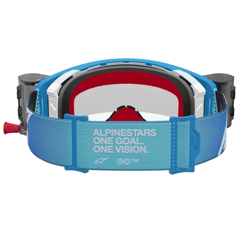 Gafas de motocross Alpinestars Supertech ROLL-OFF, color azul plateado con plexiglás transparente.