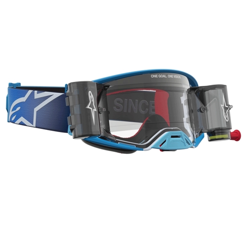 Gafas de motocross Alpinestars Supertech ROLL-OFF, color azul plateado con plexiglás transparente.