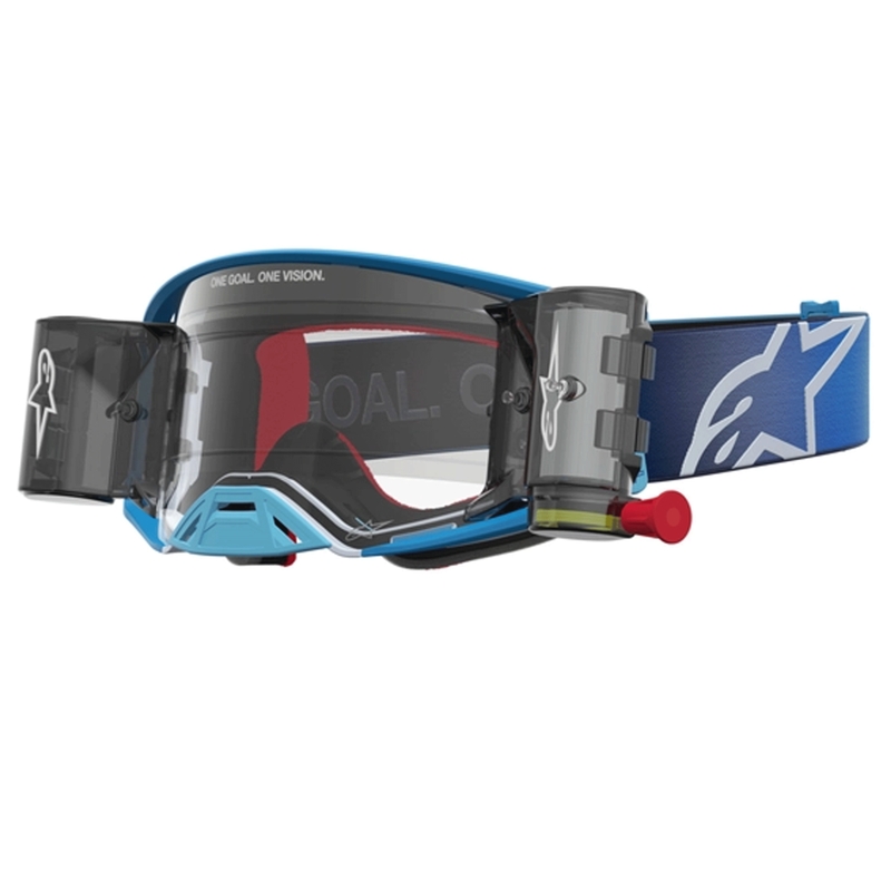 Gafas de motocross Alpinestars Supertech ROLL-OFF, color azul plateado con plexiglás transparente.