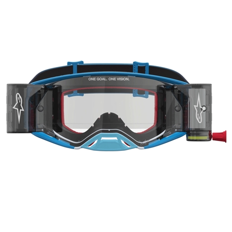 Gafas de motocross Alpinestars Supertech ROLL-OFF, color azul plateado con plexiglás transparente.