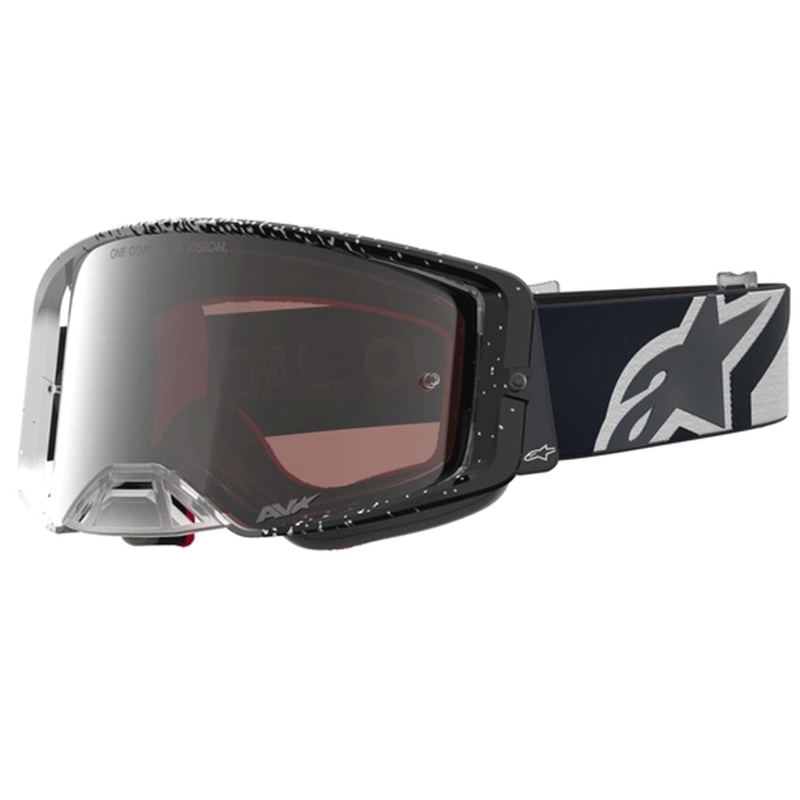 Gafas de motocross Alpinestars Supertech blancas y negras con plexiglás plateado espejado.