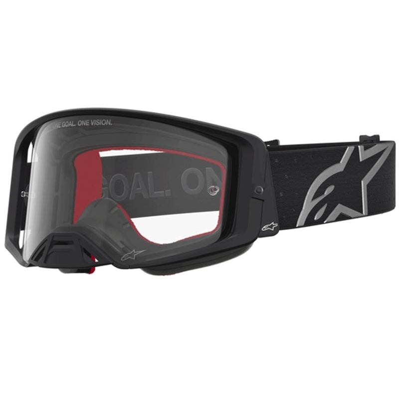 Gafas de motocross Alpinestars Supertech Vesta, color negro y plateado con plexiglás transparente.