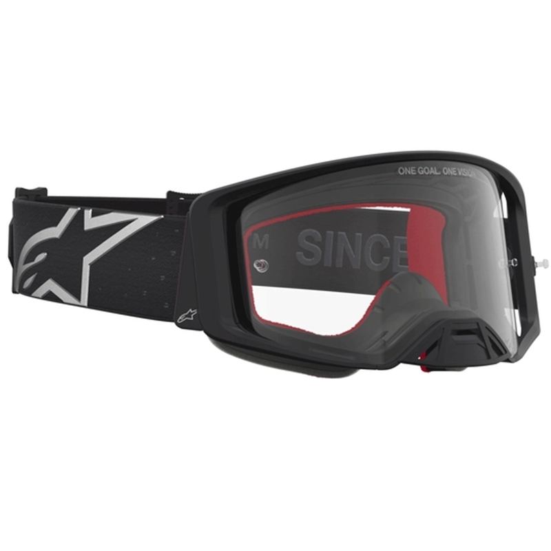 Gafas de motocross Alpinestars Supertech Vesta, color negro y plateado con plexiglás transparente.
