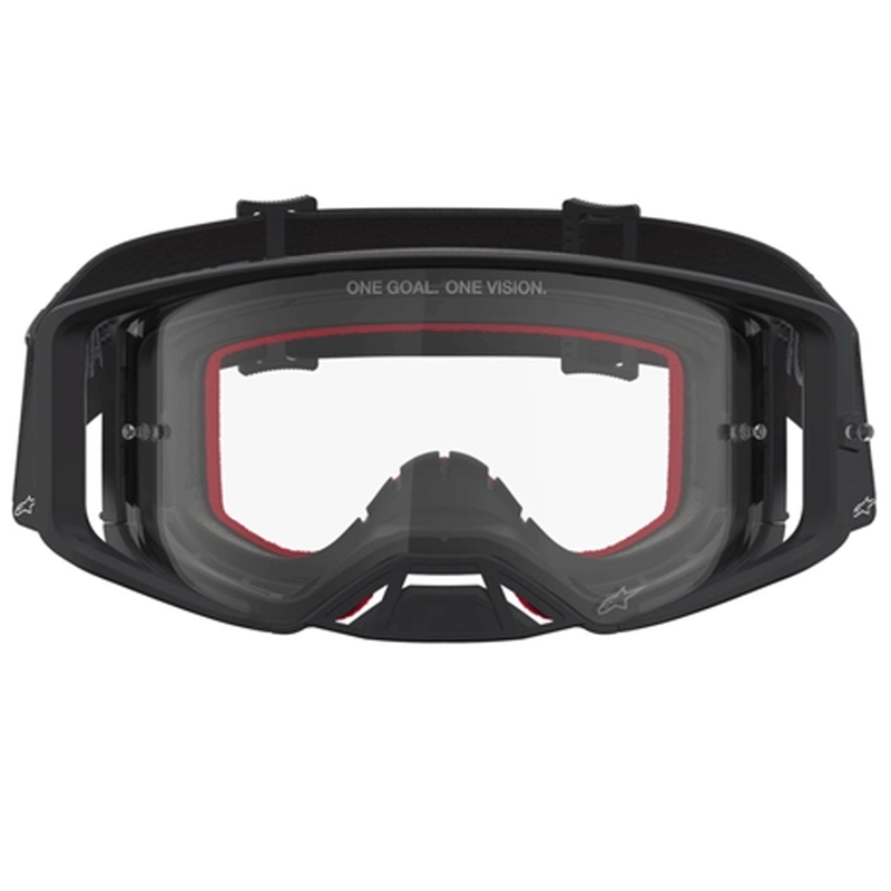 Gafas de motocross Alpinestars Supertech Vesta, color negro y plateado con plexiglás transparente.