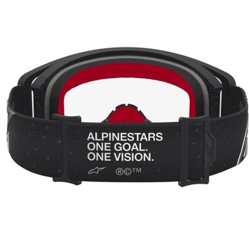 Gafas de motocross Alpinestars Supertech Vesta, color negro y plateado con plexiglás transparente.