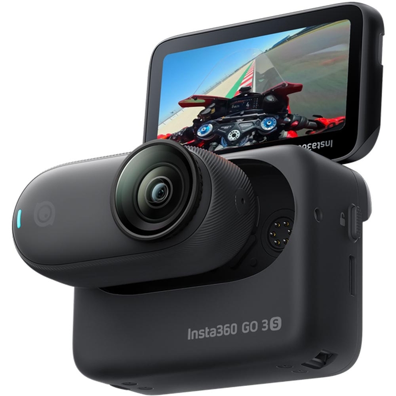 Cámara de acción Insta360 GO 3S para motocicleta, integrada en el casco, con vista en primera persona (POV), color negro.