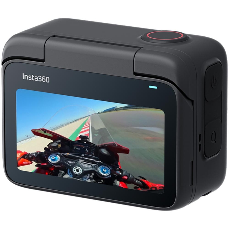 Cámara de acción Insta360 GO 3S para motocicleta, integrada en el casco, con vista en primera persona (POV), color negro.