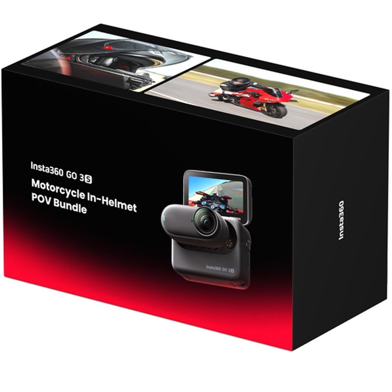 Cámara de acción Insta360 GO 3S para motocicleta, integrada en el casco, con vista en primera persona (POV), color negro.
