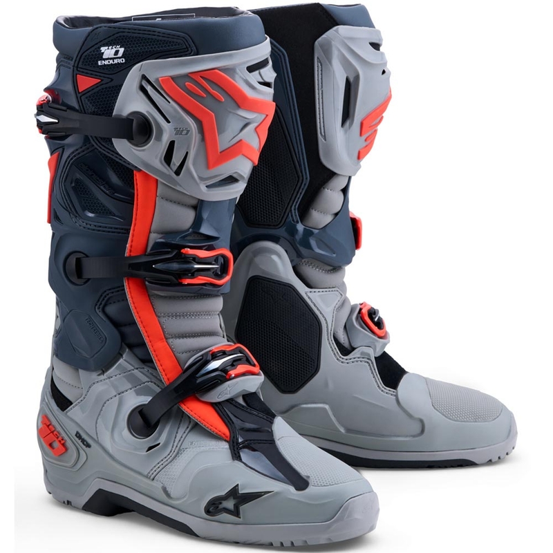 Botas de moto Alpinestars Tech 10 Enduro Gris-Gris oscuro-Rojo flúor