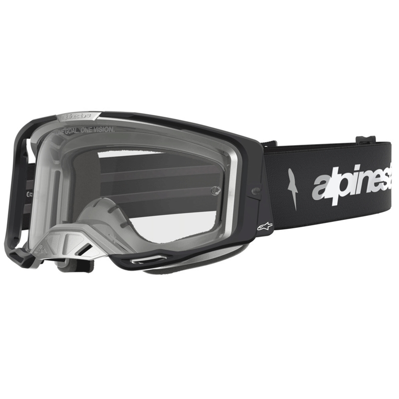 Gafas de motocross Alpinestars Vision 8 Amber, color negro y plateado con plexiglás transparente.