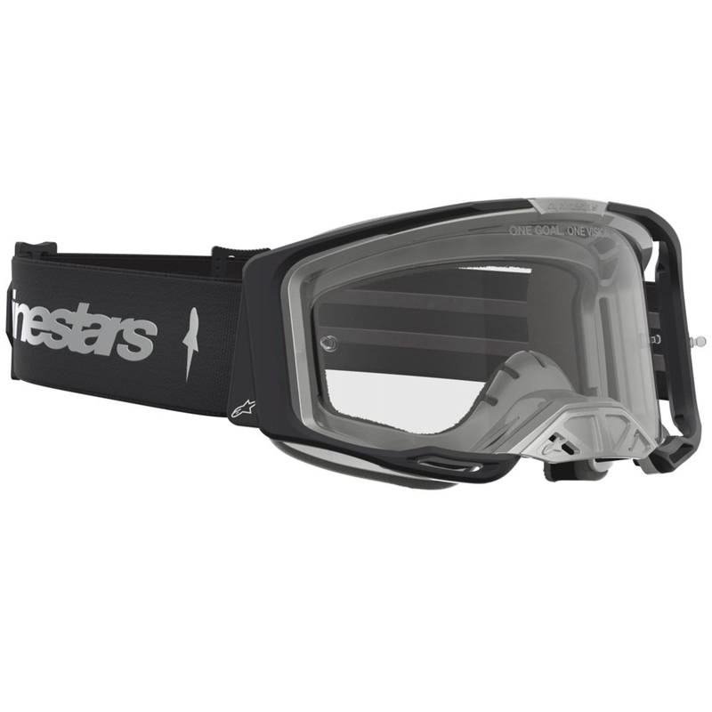 Gafas de motocross Alpinestars Vision 8 Amber, color negro y plateado con plexiglás transparente.