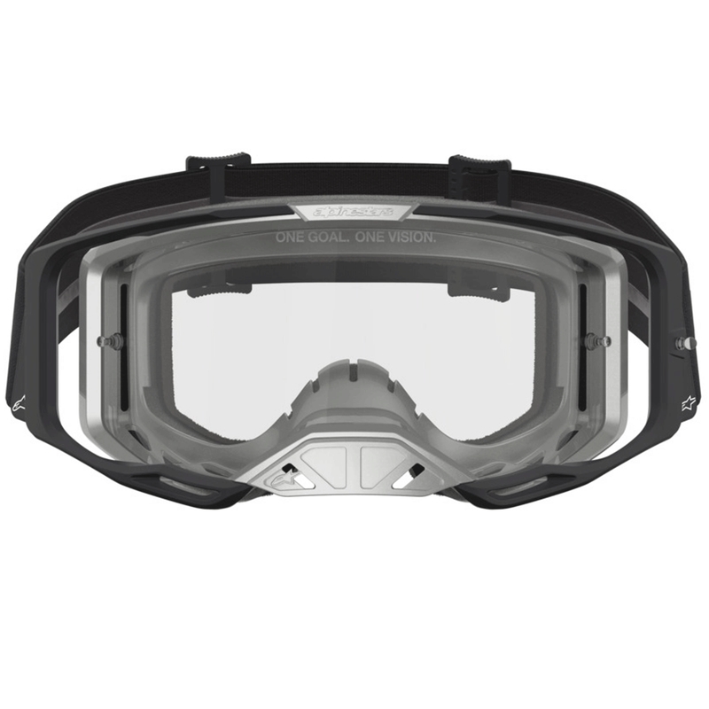 Gafas de motocross Alpinestars Vision 8 Amber, color negro y plateado con plexiglás transparente.