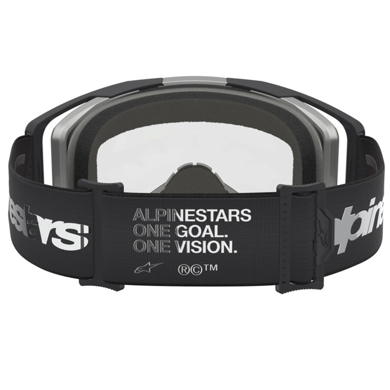 Gafas de motocross Alpinestars Vision 8 Amber, color negro y plateado con plexiglás transparente.