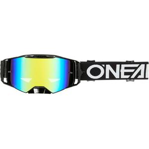Gafas de motocross O'Neal B-55 Cram negras y blancas con plexiglás dorado espejado.