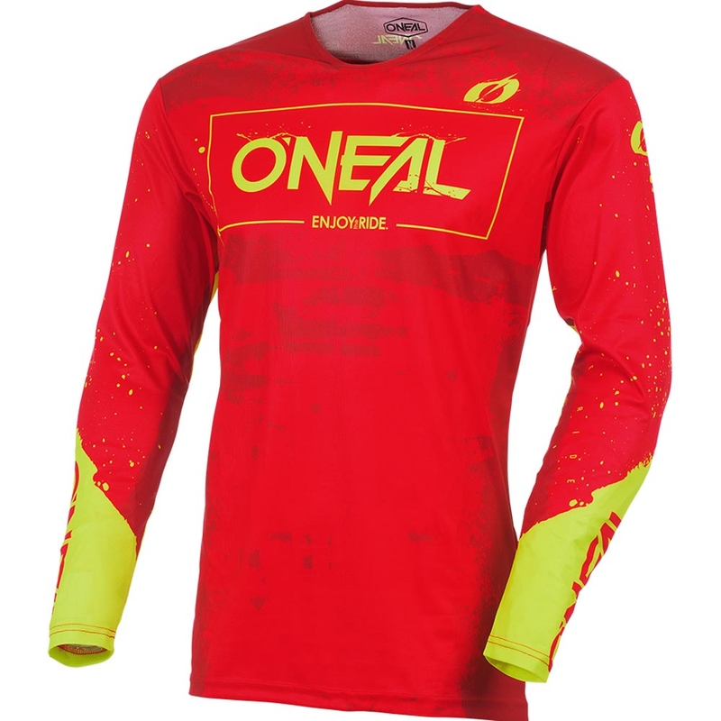 Camiseta de motocross O'Neal Mayhem Paint roja y amarillo neón