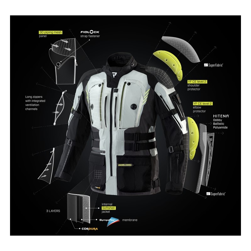 Chaqueta de moto Rebelhorn Patrol gris-negro-amarillo fluo