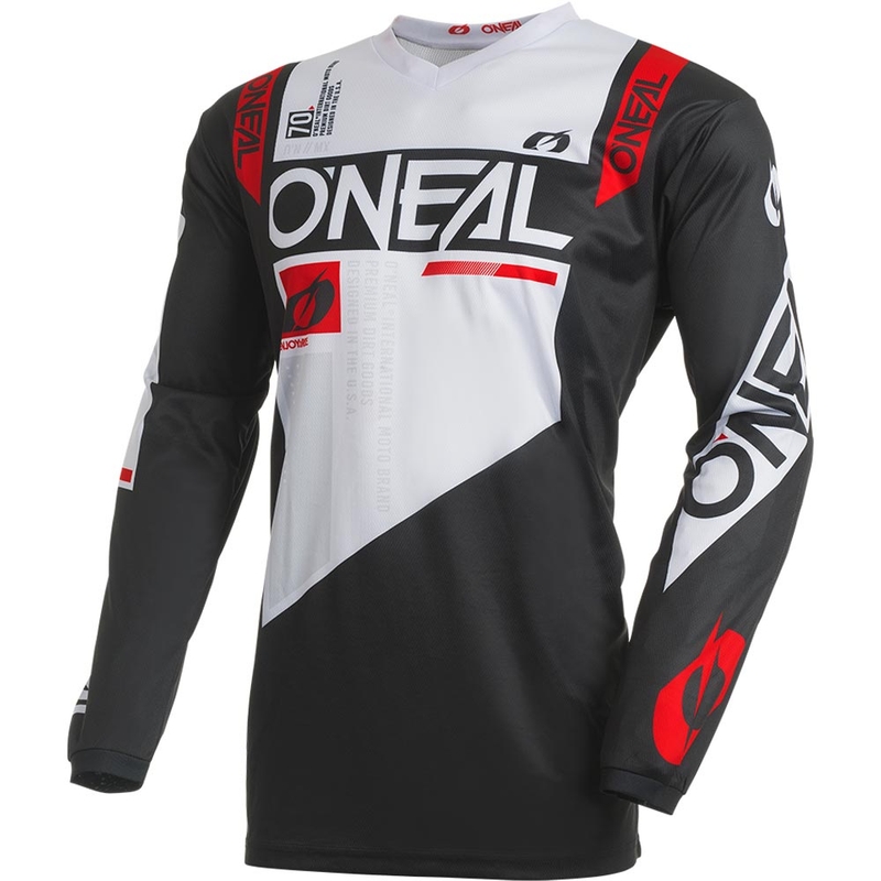 Camiseta de motocross O'Neal Element Factor en blanco y negro.