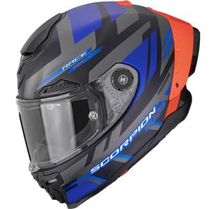 Casco integral de moto Scorpion EXO-RACE Air Carbon Fury, color negro mate, gris y azul.