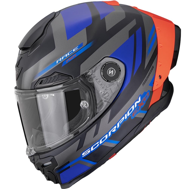 Casco integral de moto Scorpion EXO-RACE Air Carbon Fury, color negro mate, gris y azul.