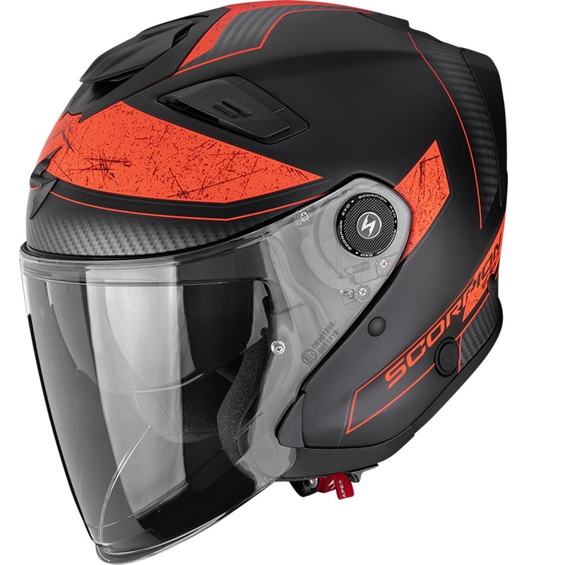 Casco de moto abierto Scorpion EXO-GT Jet Crest, negro mate-rojo.