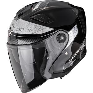 Casco de moto abierto Scorpion EXO-GT Jet Crest, color negro y plateado.