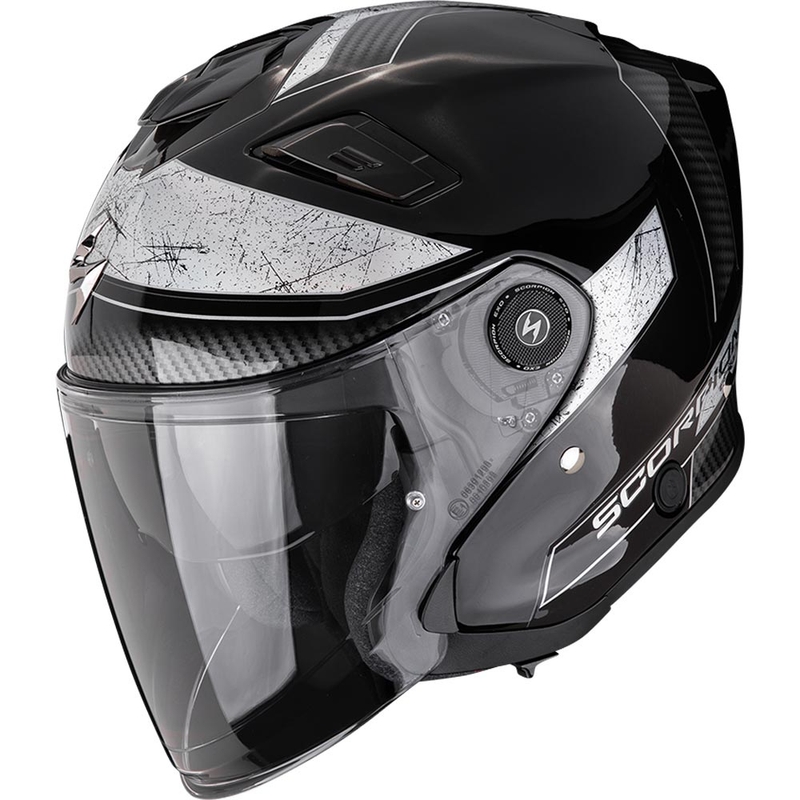 Casco de moto abierto Scorpion EXO-GT Jet Crest, color negro y plateado.