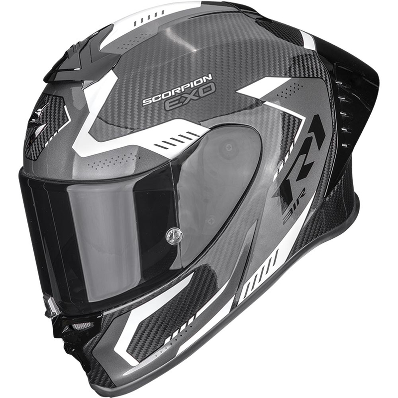 Casco integral de motocicleta Scorpion EXO-R1 EVO II Air Propel, color negro y blanco.