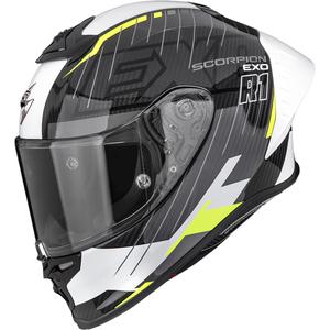 Casco integral de moto Scorpion EXO-R1 EVO II Air Surge, color negro, blanco y amarillo flúor.