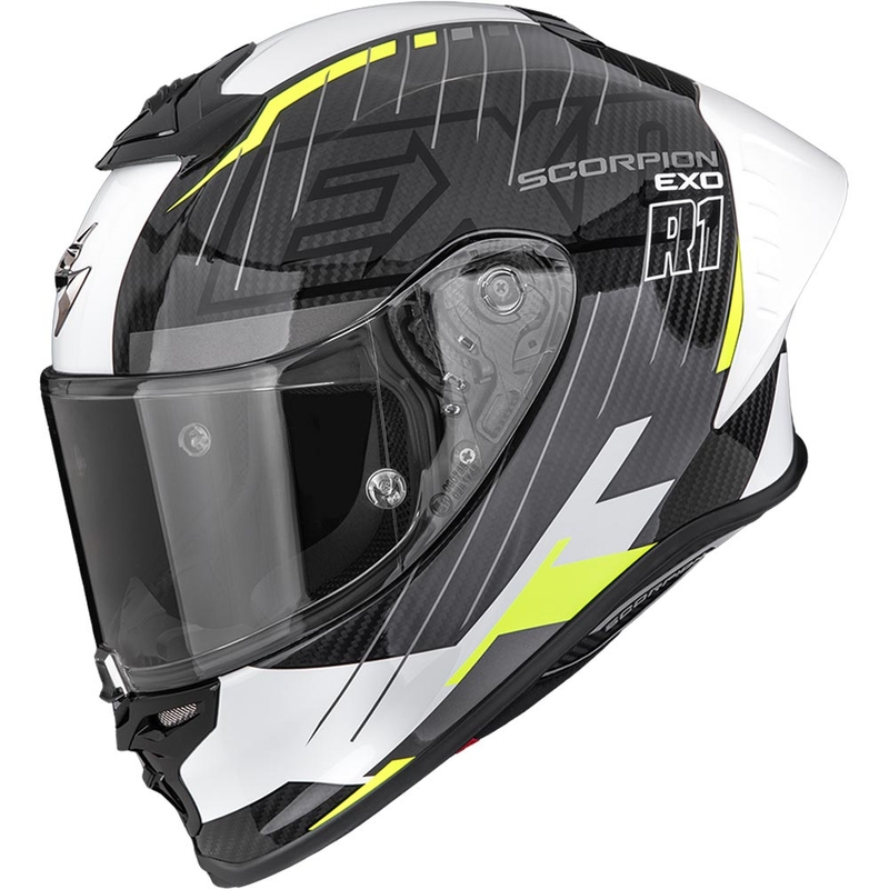 Casco integral de moto Scorpion EXO-R1 EVO II Air Surge, color negro, blanco y amarillo flúor.