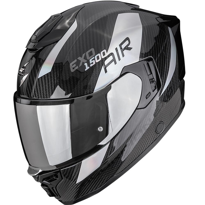 Casco integral para motocicleta Scorpion EXO-1500 Carbon Air Platted, color negro y plata.
