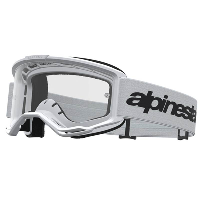 Gafas de motocross Alpinestars Vision 3 Wordmark blancas y negras con plexiglás transparente